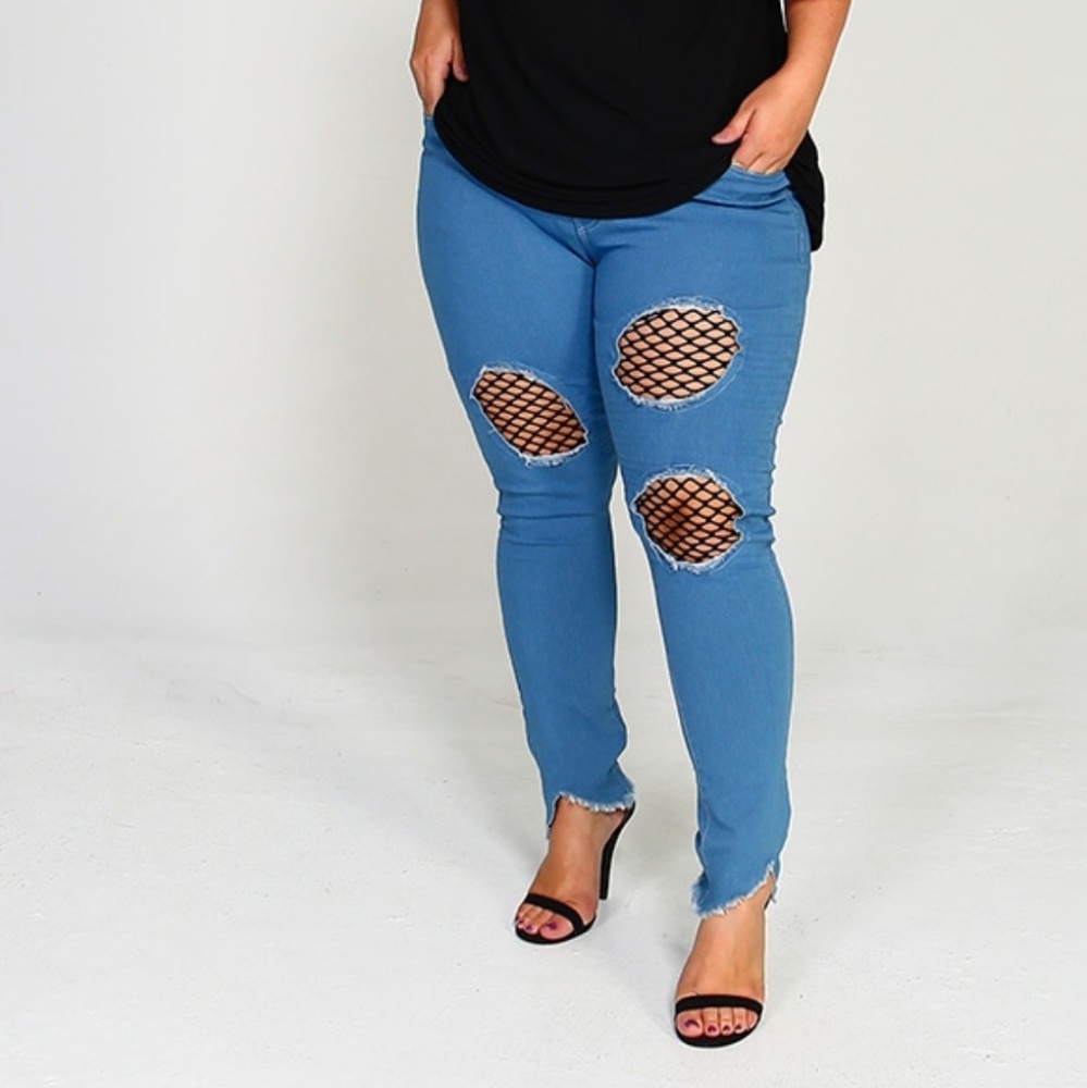 Light Denim Jeggings with Fishnet Underlay